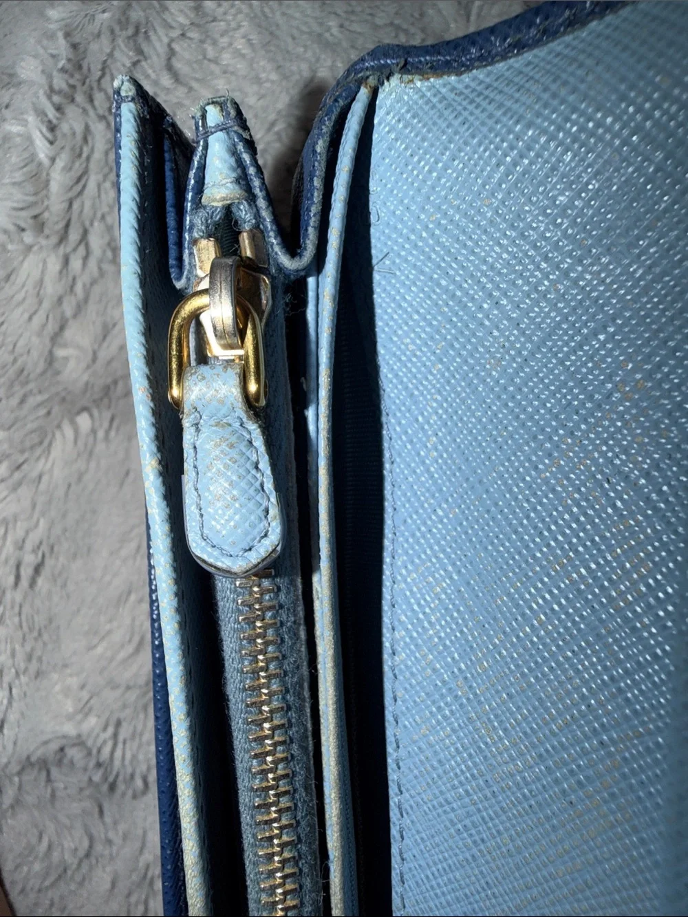Prada Dark Blue Saffiano Leather Flap Wallet with Gold Logo